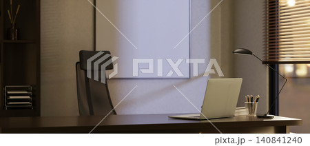 Modern executive office workspace with laptop on desk and blank presentation board Modern executive office workspace with laptop on desk and blank presentation board 140841240