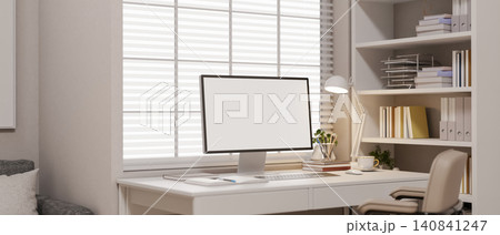 Modern corporate office with desktop computer mockup and bright workspace Modern corporate office with desktop computer mockup and bright workspace 140841247