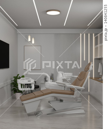 Modern Dental Treatment Room with Comfortable Brown Dental Chair 140841255