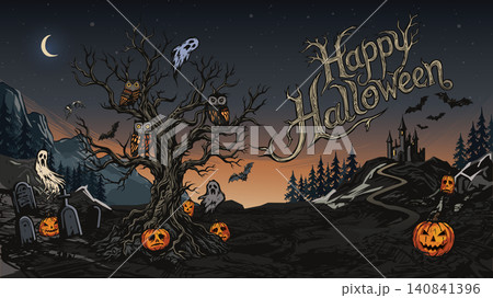 Happy Halloween calligraphy with dead tree, bats, owls, pumpkins, ghosts, haunted mansion, graveyard and sunset sky background 140841396