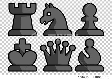 西洋棋棋子，全黑：兵、馬、象、車、後、王。可愛的圖示。 140841606