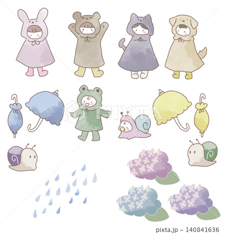 動物合羽をきたこどもの梅雨のイラストセット 動物合羽をきたこどもの梅雨のイラストセット 140841636