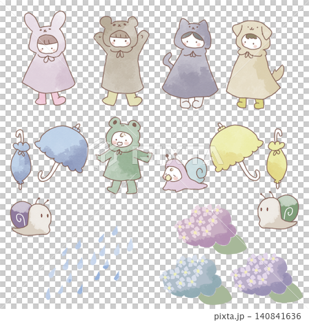 動物合羽をきたこどもの梅雨のイラストセット 動物合羽をきたこどもの梅雨のイラストセット 140841636