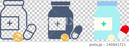 A set of tablet and capsule icon sets with pills rolling around in front of a bottle. A set of tablet and capsule icon sets with pills rolling around in front of a bottle. 140841721