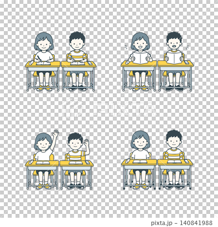 小學生上課時的情境:寫作、閱讀、舉手、安靜坐著。 小學生上課時的情境:寫作、閱讀、舉手、安靜坐著。 140841988