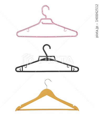 Different clothing hangers set. Hook for hanging, isolated on white. Different clothing hangers set. Hook for hanging, isolated on white. 140842512