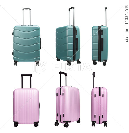 Green and pink travel bags set, suitcases on wheels, flight baggage, plastic luggage from different sides, isolated on white. 140842519