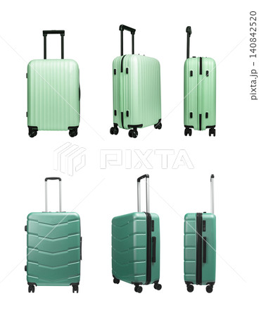 Green bags set, suitcases on wheels, airport baggage from different sides, isolated on white. Green bags set, suitcases on wheels, airport baggage from different sides, isolated on white. 140842520
