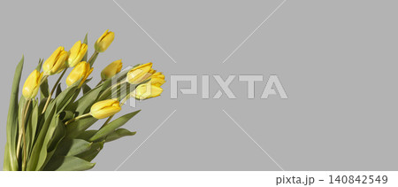 Yellow flowers, tulips bunch, floral bouquet, banner background with copy space. Yellow flowers, tulips bunch, floral bouquet, banner background with copy space. 140842549