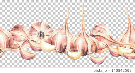 Watercolor Garlic seamless border. Plant's with stem, whole bulbs and cloves, fragrant vegetables food hot seasoning. Hand painted illustration isolated from background for packaging, kitchen pattern. Watercolor Garlic seamless border. Plant's with stem, whole bulbs and cloves, fragrant vegetables food hot seasoning. Hand painted illustration isolated from background for packaging, kitchen pattern. 140842595