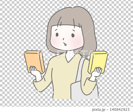 一位女士正在比較各種產品，難以做出決定。 140842923