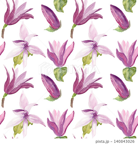 Watercolor seamless pattern with pink magnolia flowers, buds and green leaves on white background. Botanical floral repeat in soft purple tones for fabric, wallpaper, wrapping paper and textile design 140843026