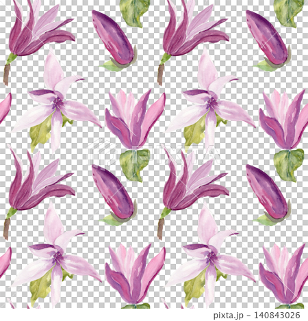 Watercolor seamless pattern with pink magnolia flowers, buds and green leaves on white background. Botanical floral repeat in soft purple tones for fabric, wallpaper, wrapping paper and textile design 140843026