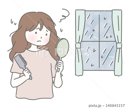 梅雨の湿気で髪のうねりや広がりに悩む女性 梅雨の湿気で髪のうねりや広がりに悩む女性 140843157