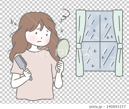 梅雨の湿気で髪のうねりや広がりに悩む女性 梅雨の湿気で髪のうねりや広がりに悩む女性 140843157