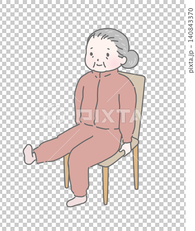 An elderly woman doing leg raises while sitting in a chair. An elderly woman doing leg raises while sitting in a chair. 140843370