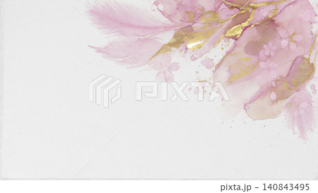 右上に桜色と金の水彩が優雅に滲む春の和紙背景 右上に桜色と金の水彩が優雅に滲む春の和紙背景 140843495