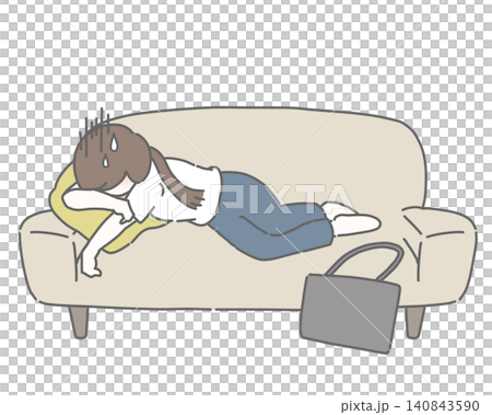 A woman in a short-sleeved shirt is slumped over on a sofa. 140843590