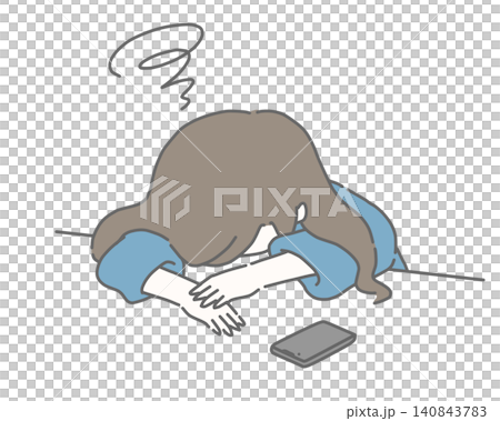 A woman slumps over her desk, exhausted from looking at her smartphone. A woman slumps over her desk, exhausted from looking at her smartphone. 140843783