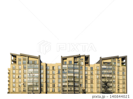 Modern residential complex stands with multiple apartment buildings in row. Contemporary housing architecture forms urban development with clean facade. Real estate concept Modern residential complex stands with multiple apartment buildings in row. Contemporary housing architecture forms urban development with clean facade. Real estate concept 140844021