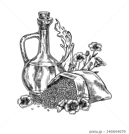 Flaxseed oil. Hand-drawn black and white vector illustration. Beautiful glass bottle of flaxseed oil, oil splashes, flowers, and a burlap bag of flax seeds. For labels and packaging, posters and more 140844070