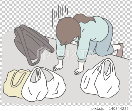 買い物の荷物が重くてへたり込む女性 買い物の荷物が重くてへたり込む女性 140844225