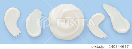 White cosmetic cream smears set isolated on blue 3d background. Whipped creamy swirl or meringue top view. Render of face mask, shampoo or lotion swatch. Liquid beauty product texture. 3D illustration 140844657