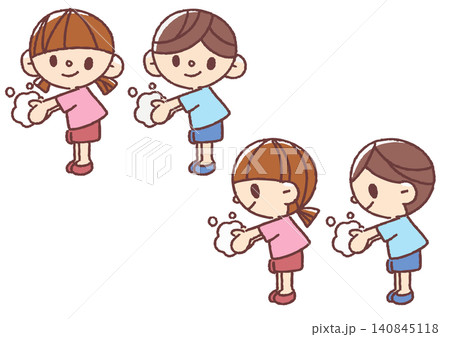 シンプルかわいい手を洗う男女の子どものイラストセット 全身 シンプルかわいい手を洗う男女の子どものイラストセット 全身 140845118