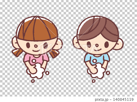 シンプルかわいい手を洗う男女の子どものイラストセット 上半身 シンプルかわいい手を洗う男女の子どものイラストセット 上半身 140845119