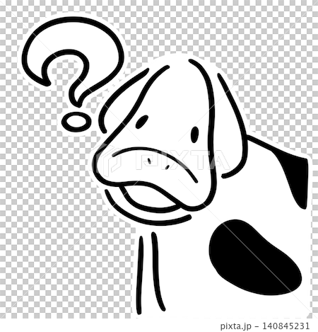 クエスチョンマーク付き困り顔の牛のイラスト｜アップ・ステッカー風・線画 140845231