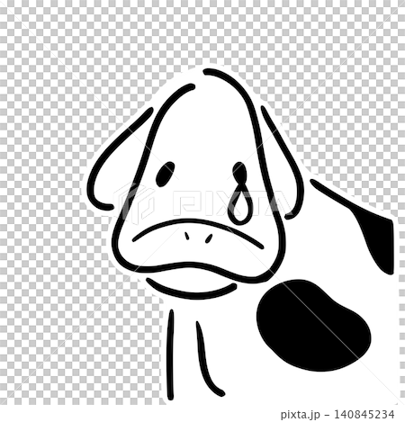 一頭母牛流下一滴眼淚的插圖 | 悲傷的表情，特寫，線條畫 140845234