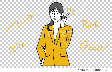 ウインクして上を指さすスーツの女性のビジネスパーソン ウインクして上を指さすスーツの女性のビジネスパーソン 140845379
