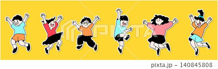 白フチ付き・喜んで飛び跳ねる子供たちのステッカー風イラスト 白フチ付き・喜んで飛び跳ねる子供たちのステッカー風イラスト 140845808