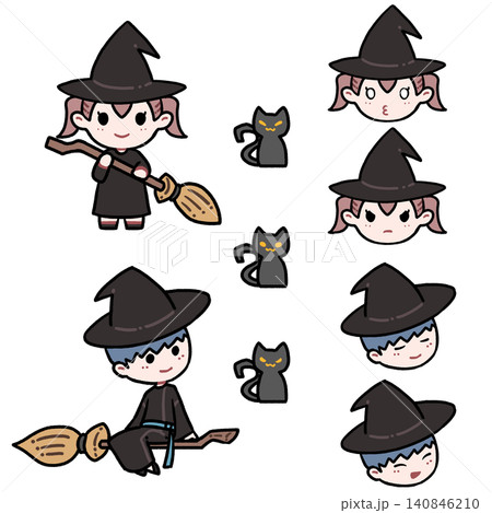 ハロウィンの可愛い魔法使いのチビキャラ 表情・小物セット ハロウィンの可愛い魔法使いのチビキャラ 表情・小物セット 140846210