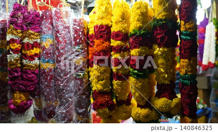 Colorful Flower Garlands on Display at a Market Colorful Flower Garlands on Display at a Market 140846325
