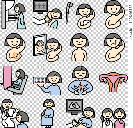 A set of color illustrations for breast cancer, cervical cancer, uterine cancer, prenatal checkups, and gynecological examinations. A set of color illustrations for breast cancer, cervical cancer, uterine cancer, prenatal checkups, and gynecological examinations. 140846553