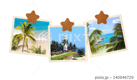 Travel and relax concept. Three photo frame with photo of palm, sand and ocean waves. Vintage style mood board layout. Isolated on white background. Topic of vacation, travel, trip, cruises, tour 140846720