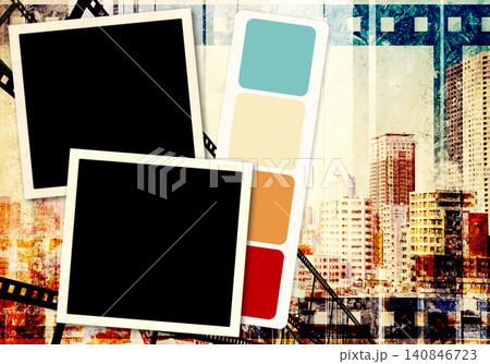 Grunge background with two photo, old paper texture and retro filmstrip frame. Horizontal retro banner with photo frame and film reel. Vintage backdrop with photos and filmstrip. Copy space for text Grunge background with two photo, old paper texture and retro filmstrip frame. Horizontal retro banner with photo frame and film reel. Vintage backdrop with photos and filmstrip. Copy space for text 140846723
