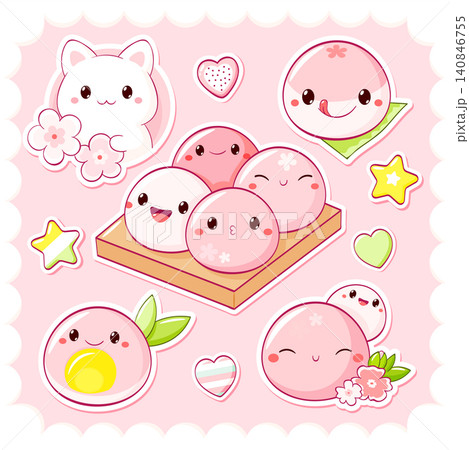 Vector spring set with cute sticker with sakura mochi in kawaii style. Hanami season collection. Japanese traditional cuisine dish confectionery. Can be used for t-shirt print, badge, tag, sticker Vector spring set with cute sticker with sakura mochi in kawaii style. Hanami season collection. Japanese traditional cuisine dish confectionery. Can be used for t-shirt print, badge, tag, sticker 140846755