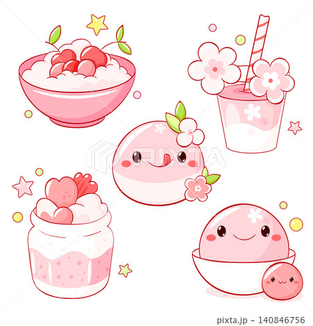 Vector spring sticker set sakura mochi in kawaii style. Hanami season collection with cute dessert. Japanese traditional cuisine dish confectionery. Can be used for t-shirt print, badge, tag, sticker 140846756