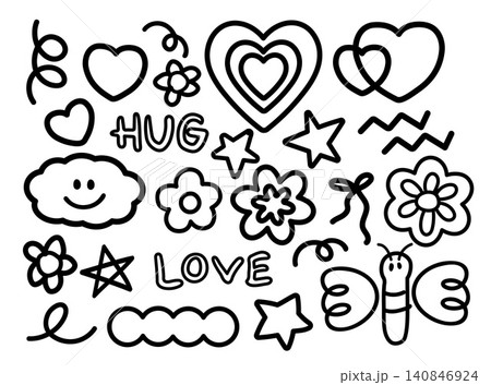 Black outlines vector illustrations of abstract doodles, flowers, stars, hearts, ribbons or bows, happy cloud, butterfly for tattoo, decorations, kid colouring book, icon, sign, symbol, stickers Black outlines vector illustrations of abstract doodles, flowers, stars, hearts, ribbons or bows, happy cloud, butterfly for tattoo, decorations, kid colouring book, icon, sign, symbol, stickers 140846924