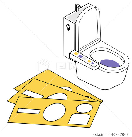 アイソメトリックなトイレとお札のトイレの補助金をイメージしたイラスト素材 140847068