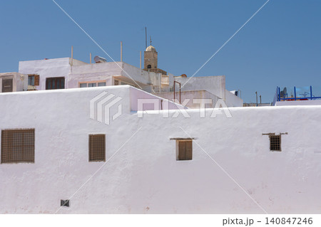 The traditional houses of the Kasbah of the Udayas stand out against the clear blue sky of Rabat, Morocco. 140847246