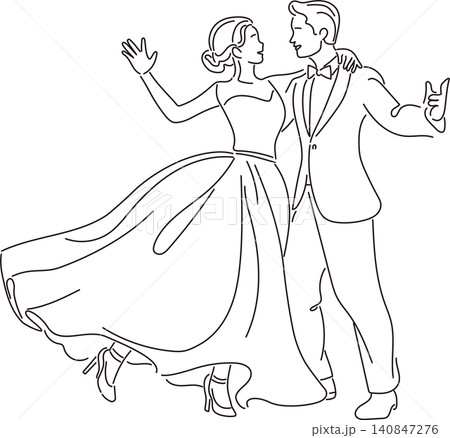 ウェディング　ダンスを踊る新郎新婦　人物　線画　手描き　ドローイング　ライフスタイル　イラスト素材 140847276