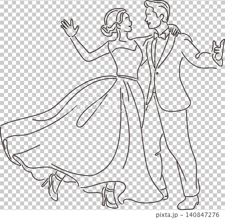ウェディング　ダンスを踊る新郎新婦　人物　線画　手描き　ドローイング　ライフスタイル　イラスト素材 140847276