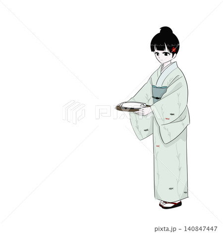 おしぼりをお盆ごと差し出す着物女性 旅館のおもてなし おしぼりをお盆ごと差し出す着物女性 旅館のおもてなし 140847447