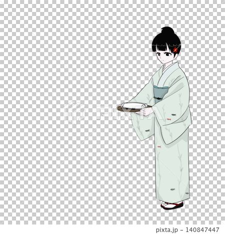一位身穿和服的女子端來一盤熱毛巾──這是日本傳統旅館熱情好客的象徵。 一位身穿和服的女子端來一盤熱毛巾──這是日本傳統旅館熱情好客的象徵。 140847447