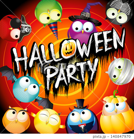 Halloween party poster/ banner with colorful owls in fancy dress 140847970