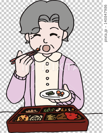 一位老年人面帶微笑地享用送餐上門服務(送餐服務)的插圖(向量圖)。 一位老年人面帶微笑地享用送餐上門服務(送餐服務)的插圖(向量圖)。 140847986