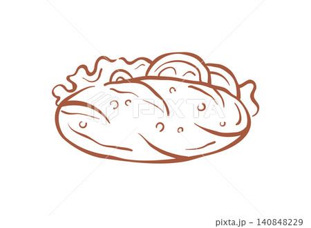 A Classic American Hot Dog In A Bun With Toppings Sketch Vector Illustration 140848229